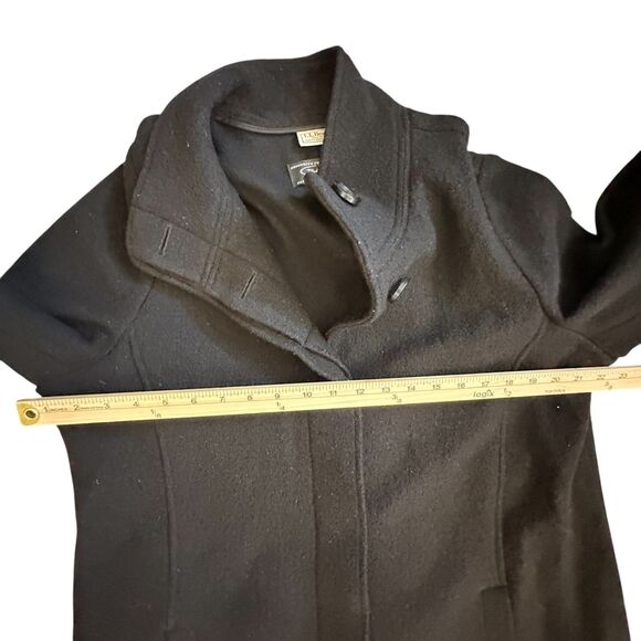 L.L. Bean Bellandi Italy Black 100% Wool Button Up Long Pea Coat Pockets Size XL - Picture 3 of 6